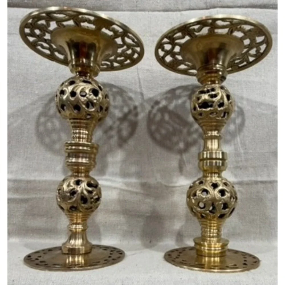 Vintage Brass Openwork Lattice Candlestick Holders Ornate Pierced Set of 2 9in